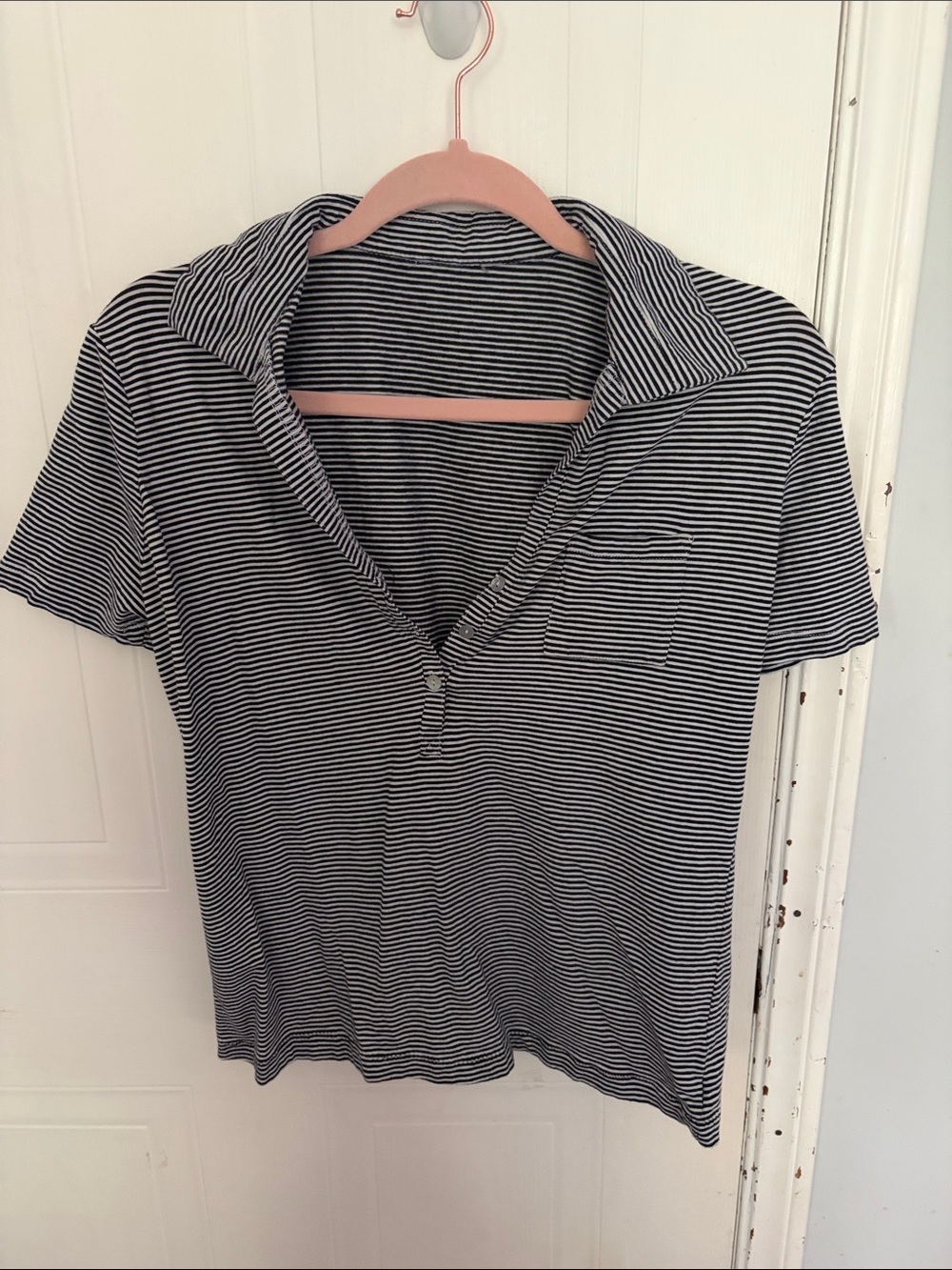 Striped Short-Sleeve Polo Top - Black & White